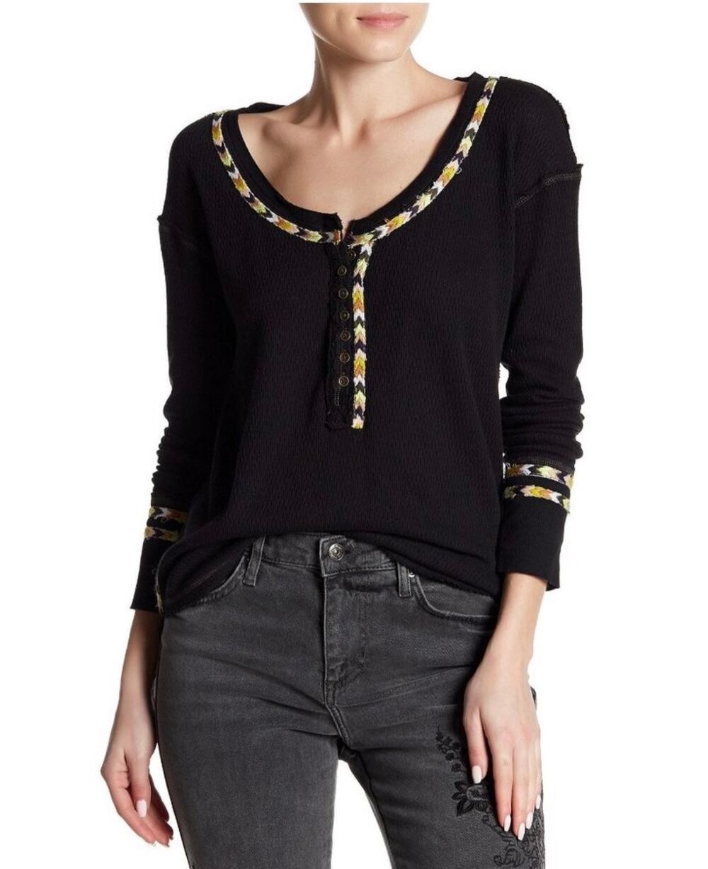 Free People We The Free Black Braided Thermal Knit Henley Top-Size XS